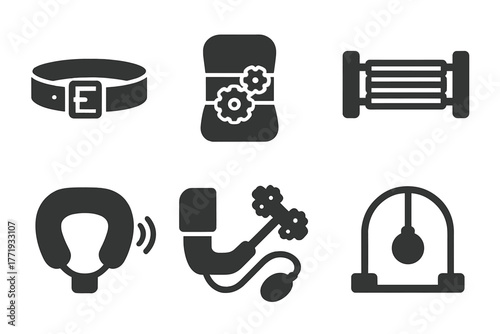 Wellness Gadgets Icons. Solid style icons of wellness contraptions: Belt Tightener, Back Brace with Gears, Foot Plate Stimulator,