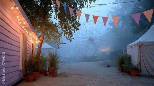 An empty festival fairground with a ferris wheel on a foggy morning. Atmospheric scene with glowing string lights and party decorations. Moody outdoor event background
