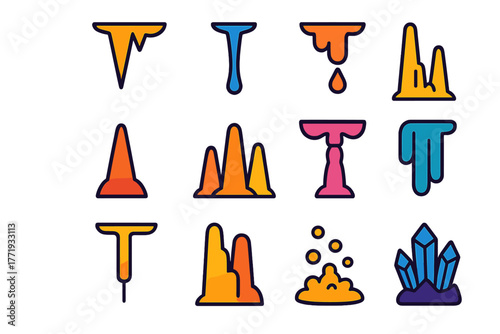 Colorful Cave Icons. Flat vector icons of stalactites and stalagmites: pointed stalactite, long thin stalactite, dripping