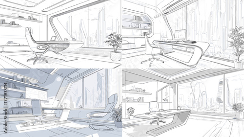 Futuristic office interior sketch with modern furniture and panoramic windows. Minimal architectural drawing concept for innovation, workspace design, and advanced corporate environment art.