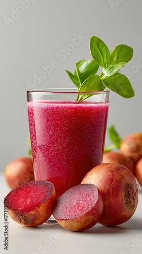 Fresh beetroot juice in a glass surrounded by raw beets. Healthy detox vegetable drink with a basil garnish for a healthy lifestyle
