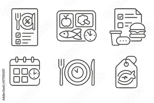 Intermittent Fasting Icons. Line style icons of intermittent fasting: meal planning, fasting-friendly meal tray, pre-fast food