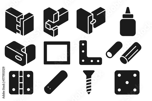 Joinery Icons Collection. Solid style icons of joinery elements: dovetail joint, mortise and tenon, tongue and groove, dowel joint