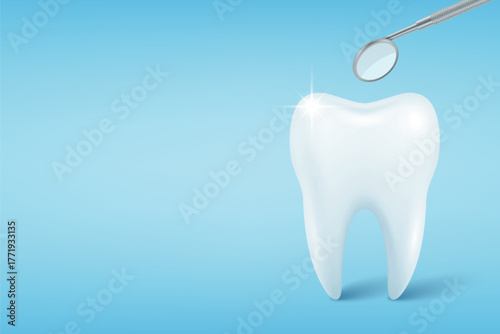 Vector Realistic Tooth with Dental Mirror on Blue Background. Healthy White Tooth. Dentist Clinic Poster, Dental Care Concept, Oral Hygiene, Clean Tooth Design