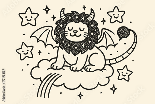 Majestic Manticore Throne. A doodle illustration of a manticore sitting on a cloud throne, surrounded by happy stars, its mane