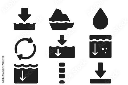 Cold Water Descent Icons. Solid style icons of cold water sinking process: Downward Arrow in Ocean, Polar Ice Cap Edge, Dense