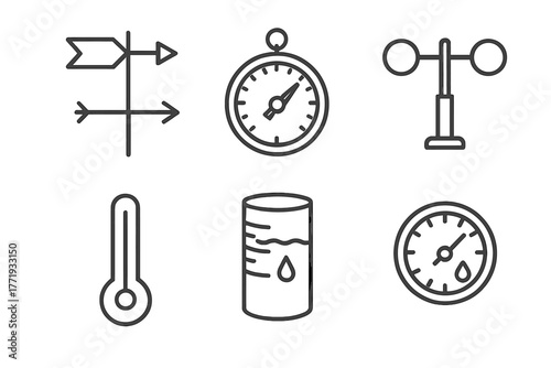 Meteorology Instruments Icons. Line style icons of meteorology instruments: weather vane, barometer, anemometer, thermometer, rain