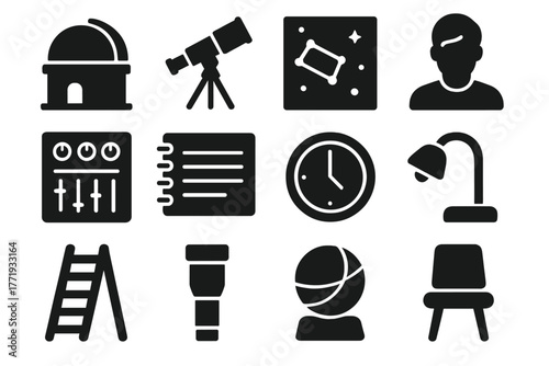 Observatory Essentials Icons. Solid style icons of observatory essentials: dome, telescope, star chart, astronomer, control panel,