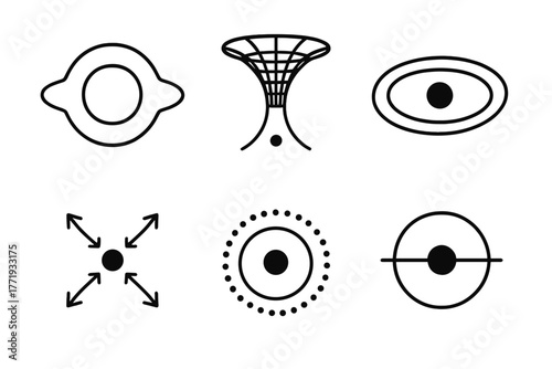 Black Hole Line Icons. Line style icons of black holes: event horizon, singularity icon, accretion disk, gravitational pull,