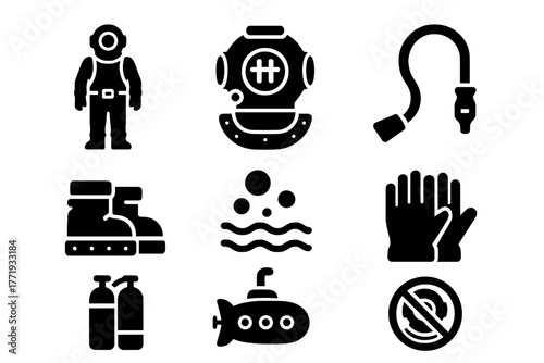 Vintage Scuba Gear Icons. Solid style icons of Classic Scuba Equipment: Vintage Diving Suit, Helmet, Air Hose, Weighted Boots,