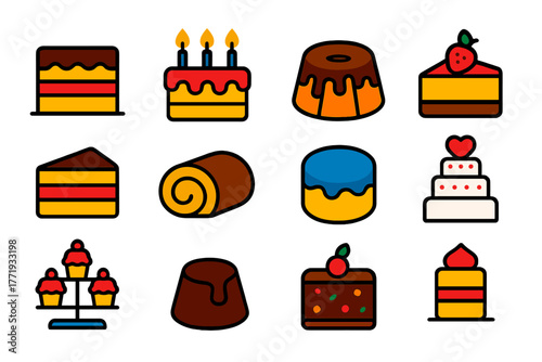 Colorful Cake Icons. Flat vector icons of cakes: layered cake, birthday cake with candles, bundt cake, cheesecake, slice of cake,