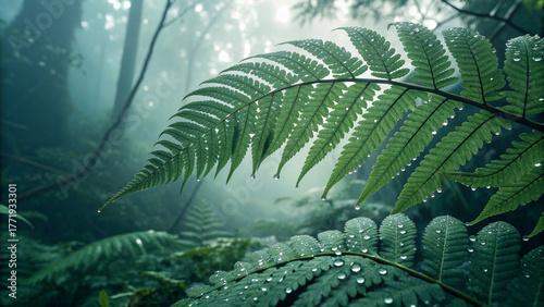 Wallpaper Mural AI generated close-up of fern leaves with water droplets in a misty rain forest Torontodigital.ca