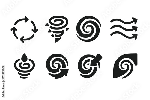 Vortex Dynamics Icons. Solid style icons of vortex dynamics: Velocity Arrows, Compression Zone, Expanding Edge, Gradient Flow,