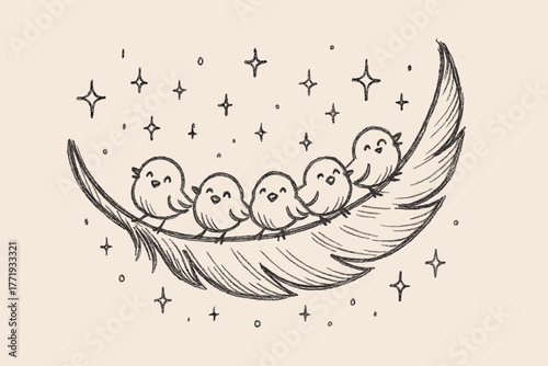 Smiling Feather Adventure. A doodle of a falcate feather curved like a smile, with tiny happy birds riding on it and glowing