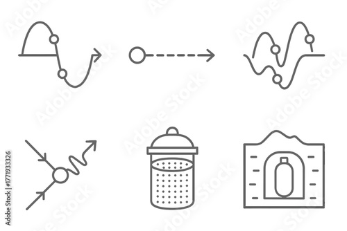 Particle Physics Icons. Line style icons of particle physics: neutrino oscillation, neutrino path, mass eigenstates, weak