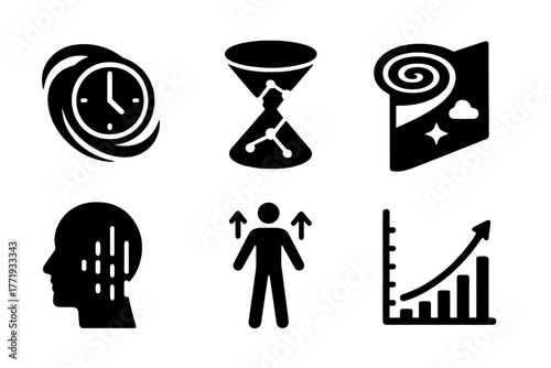 Futuristic Singularity Icons. Solid style icons of speculative singularity themes: Event Horizon Clock, Light Cone with Node, Time
