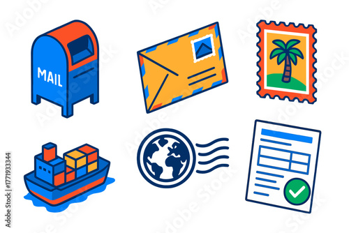 Colorful International Post Icons. Isometric vector illustration set International Post: global mailbox, foreign envelope, exotic