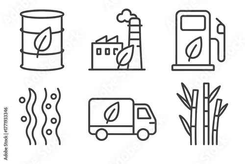 Renewable Energy Icons. Line style icons of renewable energy: biofuel barrel, ethanol plant, biodiesel icon, algae fuel source,