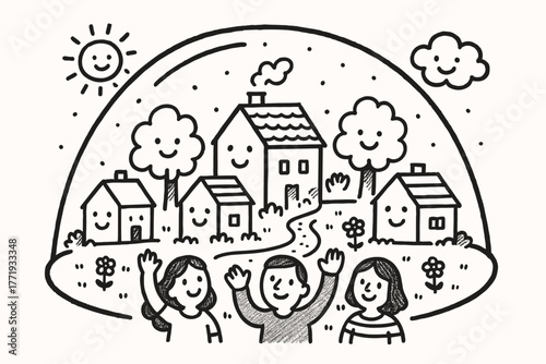 Cheerful Village Under Dome. A doodle of a cozy village under the aegis dome, with smiling houses, happy trees, and cheerful