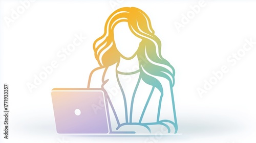 Modern icon of a professional woman working on a laptop. Business and technology vector illustration with a colorful gradient