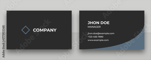 Professional Black and Blue Business Card Design. Creative Minimal Layout with Curved Accent. Elegant Dark Corporate Identity Template.