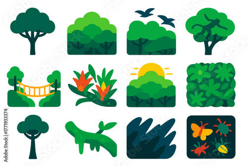 Rainforest Canopy Icons. Flat vector icons of rainforest canopy: treetop silhouette, layered tree canopy, birds flying above