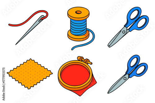 Craft Tools Icons. Isometric vector illustration set Needlework Craft: steel needle, silk thread, wooden spool, scissors,
