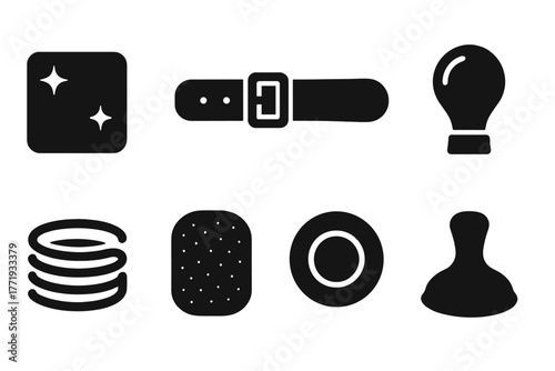 Quack Device Icons. Solid style icons of common quack device materials: Shiny Metal Plate, Leather Strap, Wooden Handle, Glass