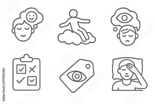 Sleep Therapy Icons. Line style icons of sleep therapy: dreams and lucidity, flying dream icon, lucid dream symbol, reality check