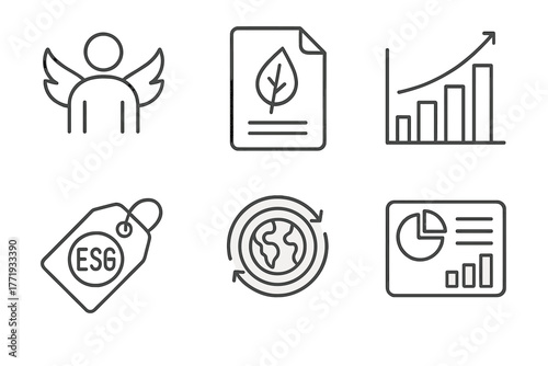 Impact Angel Icons. Line style icons of Impact Angel Investing: Social enterprise icon, environmental mission file, triple bottom