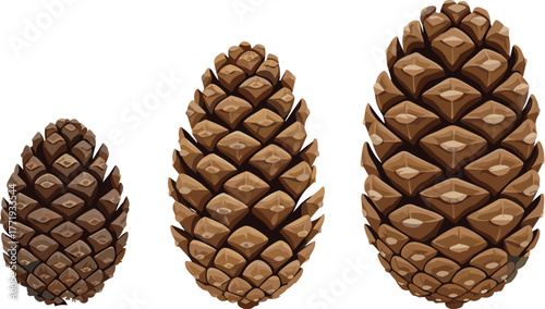 Three pine cones of different sizes, brown botanical illustration, nature study, seed dispersal, plant morphology, forest element, seasonal decor