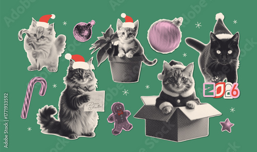 Mixed media halftone collage cut out of cats in Santa hats, writing letter, sitting in gift box and in poinsettia pot. Feline Xmas tree. Modern retro mixed media vector illustration isolated