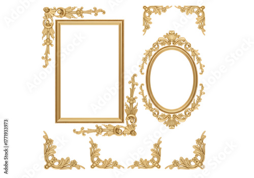 Golden ornate baroque oval rectangular picture frame corner border set png on transparent background