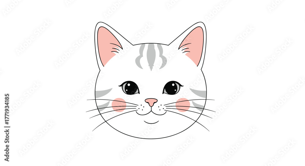Fototapeta premium Cute cartoon illustration of a white cat face with pink blush and grey stripes.