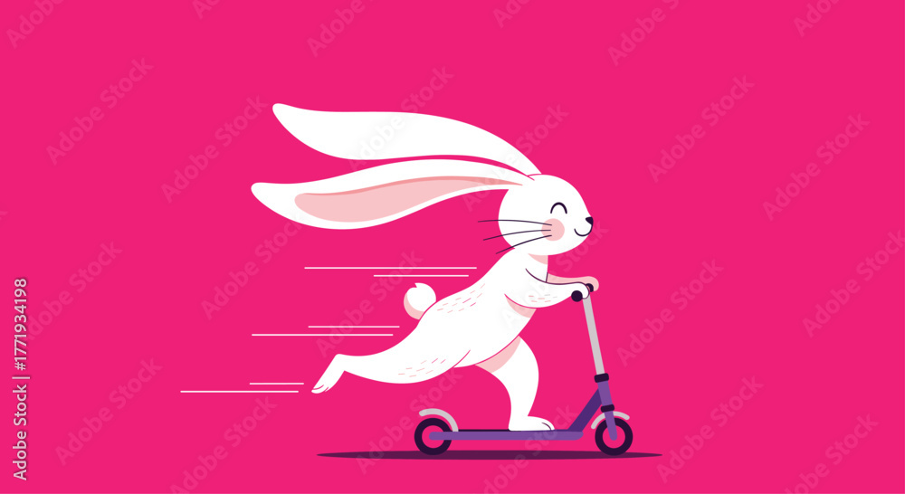 Fototapeta premium A cheerful white rabbit zooms by on a purple scooter against a vibrant pink background.