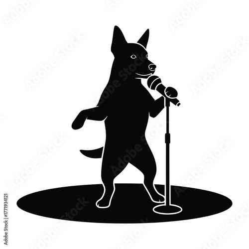 A dog is standing on a stage, holding a microphone and singing, as if performing standup comedy