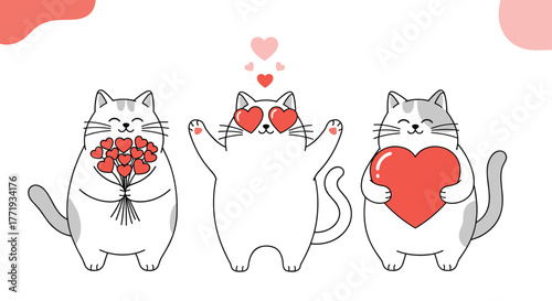 Three adorable cartoon cats express love with hearts and flowers on a white background.