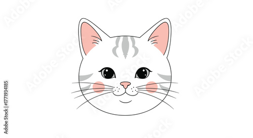 Cute cartoon illustration of a white cat face with pink blush and grey stripes.