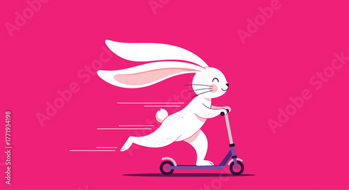 A cheerful white rabbit zooms by on a purple scooter against a vibrant pink background.