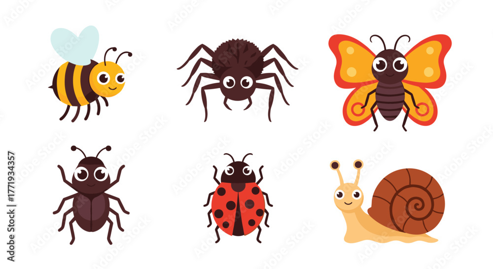 Obraz premium A collection of cute cartoon insects including a bee, spider, butterfly, beetle, ladybug, and snail.