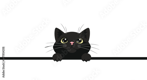 Cute black cat peeking over a dark horizontal line with a white background.