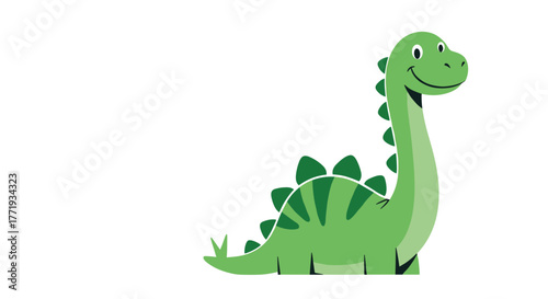 Cute cartoon green dinosaur with a long neck and a friendly smile, standing against a white background.