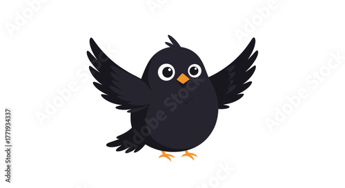 Cute cartoon black bird with wings spread wide, isolated on a white background.