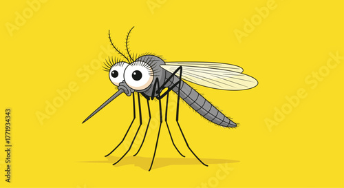 Cute cartoon mosquito with big eyes and long legs on a yellow background.