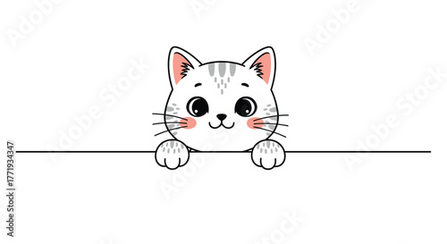 Cute cartoon cat peeking over a white banner with its paws resting on it.