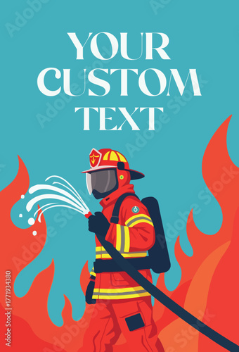 A professional firefighter extinguishes the fire amidst the flames with a water hose, putting out the heat