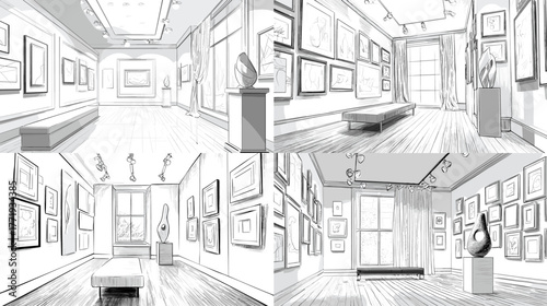 Architectural sketch of modern art gallery interior with paintings and sculptures. Detailed drawing concept showing exhibition space, perspective lines, and minimalist artistic architecture design.