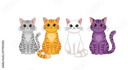 Four cartoon cats of different colors sit patiently on a white background.