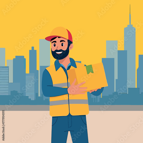 A man professionally delivers an online purchase package to a home delivery service