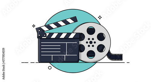 Flat design illustration of a clapperboard and a film reel on a teal circle background.